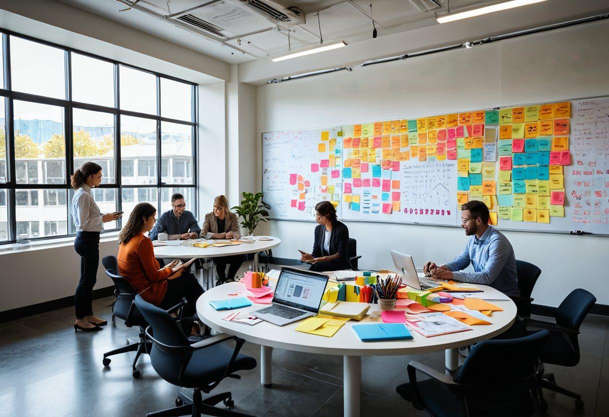 A modern digital workspace filled with diverse professionals collaborating around a large round table, sharing ideas through colorful sticky notes and tablets. A large whiteboard displays flowcharts and key concepts of knowledge sharing. Bright sunlight streams through large windows, symbolizing enlightenment and clarity. Include elements like books and laptops in the background to represent resources. vibrant colors. super-realistic.